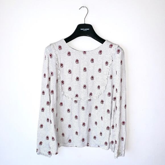 CLUB MONACO Peasant Blouse Size L Floral‎ Embroidered Cream Crew Neck Ruffle - Picture 1 of 5